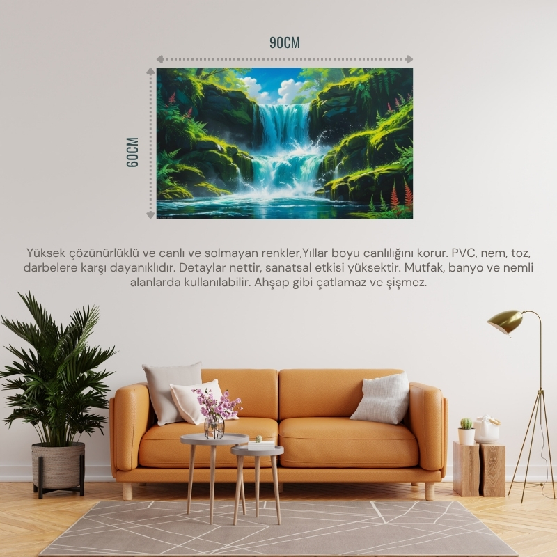 DOĞA VE MANZARA YATAY CANLI ŞELALE YEMYEŞİL BİTKİ ÖRTÜSÜ, SU SIÇRAMALARI, KAYALAR PARLAK MAVİ GÖKYÜZÜ 06 ÇERÇEVESİZ 90X60CM PVC TABLO