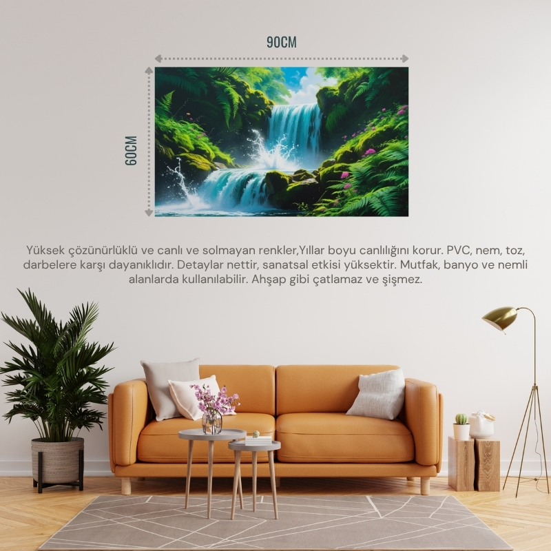DOĞA VE MANZARA YATAY CANLI ŞELALE YEMYEŞİL BİTKİ ÖRTÜSÜ, SU SIÇRAMALARI, KAYALAR PARLAK MAVİ GÖKYÜZÜ 07 ÇERÇEVESİZ 90X60CM PVC TABLO