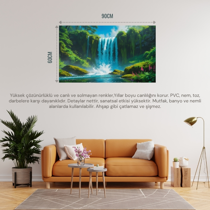 DOĞA VE MANZARA YATAY CANLI ŞELALE YEMYEŞİL BİTKİ ÖRTÜSÜ, SU SIÇRAMALARI, KAYALAR PARLAK MAVİ GÖKYÜZÜ 08 ÇERÇEVESİZ 90X60CM PVC TABLO