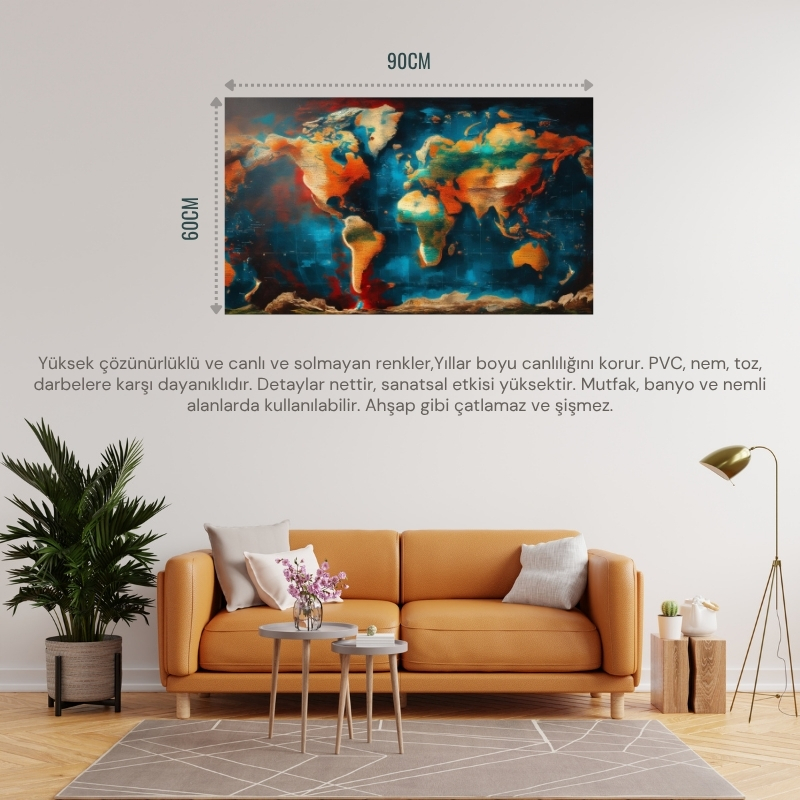 DÜNYA HARİTA TABLOSU 01 ÇERÇEVESİZ 90X60CM PVC TABLO