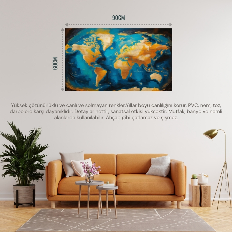 DÜNYA HARİTA TABLOSU 02 ÇERÇEVESİZ 90X60CM PVC TABLO