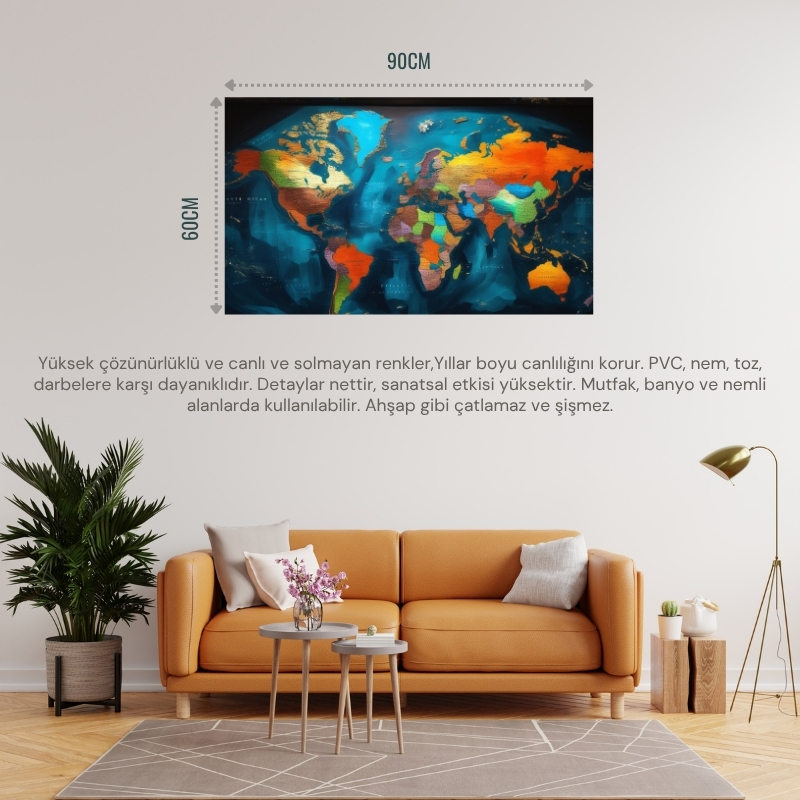 DÜNYA HARİTA TABLOSU 03 ÇERÇEVESİZ 90X60CM PVC TABLO