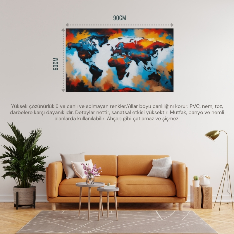 DÜNYA HARİTA TABLOSU 04 ÇERÇEVESİZ 90X60CM PVC TABLO