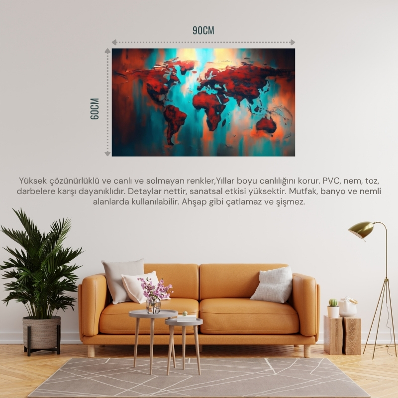DÜNYA HARİTA TABLOSU 05 ÇERÇEVESİZ 90X60CM PVC TABLO