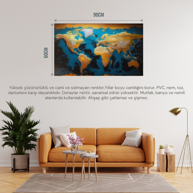 DÜNYA HARİTA TABLOSU 06 ÇERÇEVESİZ 90X60CM PVC TABLO