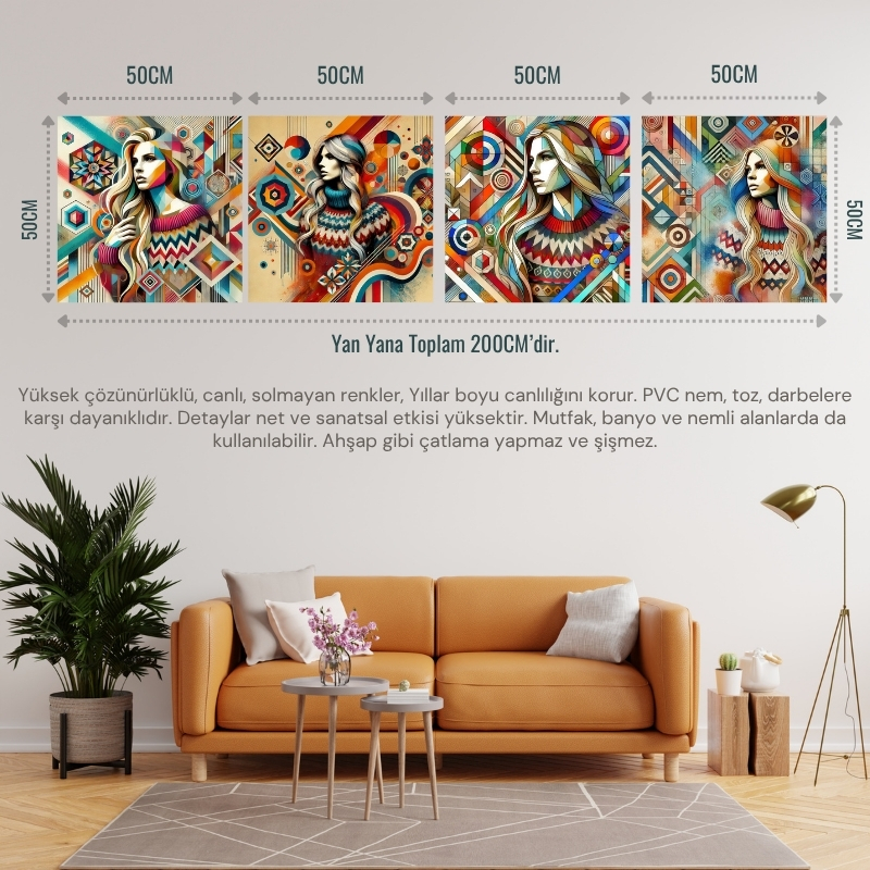 İSKANDİNAV SOYUT TABLO SET ÇERÇEVESİZ 50X50CM PVC TABLO 4'LÜ SET (Her bir tablo 50X50CM Büyüklüğündedir.)
