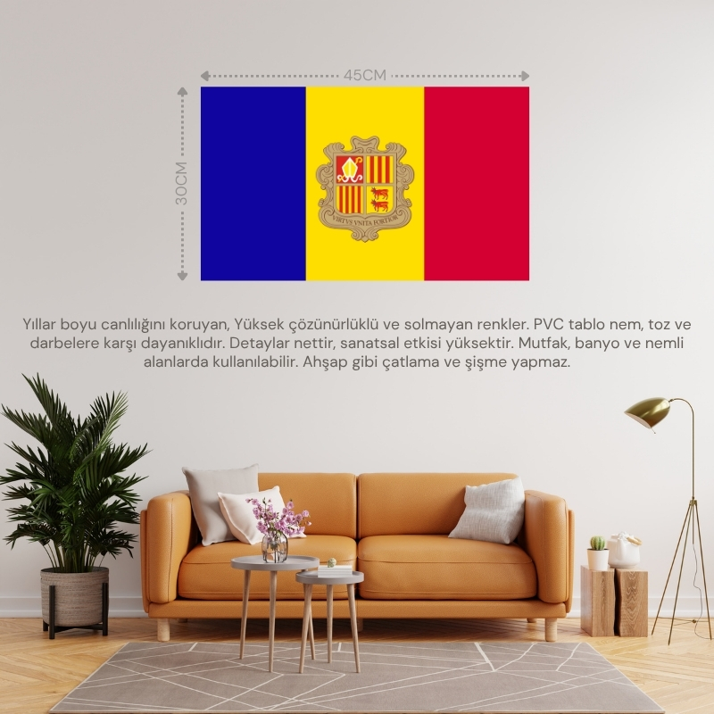 ANDORRA ÜLKE BAYRAĞI 45x30CM DUVAR TABLOSU ÇERÇEVESİZ PVC TABLO