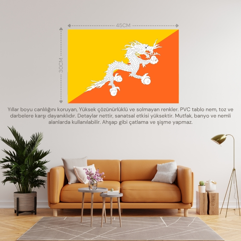 BHUTAN ÜLKE BAYRAĞI 45x30CM DUVAR TABLOSU ÇERÇEVESİZ PVC TABLO