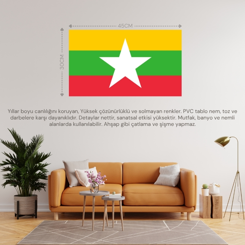 BİRMANYA (MYANMAR) ÜLKE BAYRAĞI 45x30CM DUVAR TABLOSU ÇERÇEVESİZ PVC TABLO
