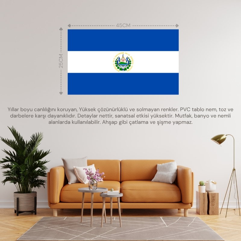 EL SALVADOR ÜLKE BAYRAĞI 45x25CM DUVAR TABLOSU ÇERÇEVESİZ PVC TABLO