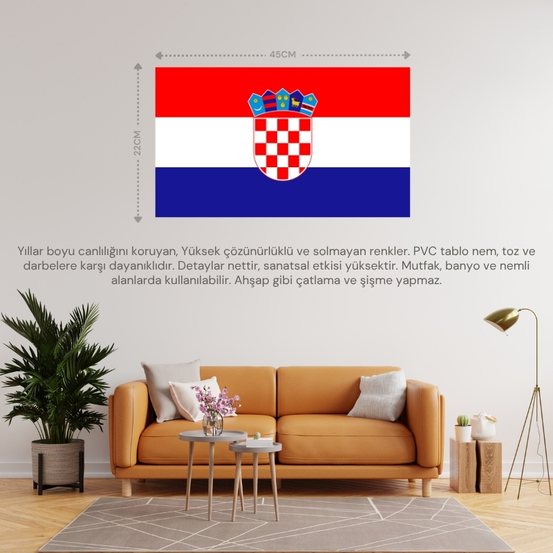 HIRVATİSTAN ÜLKE BAYRAĞI 45x22CM DUVAR TABLOSU ÇERÇEVESİZ PVC TABLO