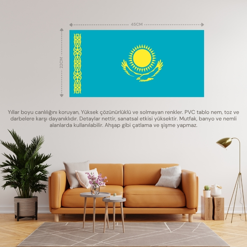 KAZAKİSTAN ÜLKE BAYRAĞI 45x22CM DUVAR TABLOSU ÇERÇEVESİZ PVC TABLO