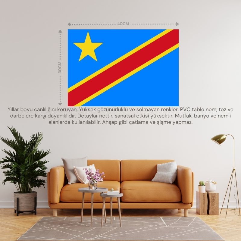 KONGO DEMOKRATİK CUMHURİYETİ ÜLKE BAYRAĞI  40x30CM DUVAR TABLOSU ÇERÇEVESİZ PVC TABLO