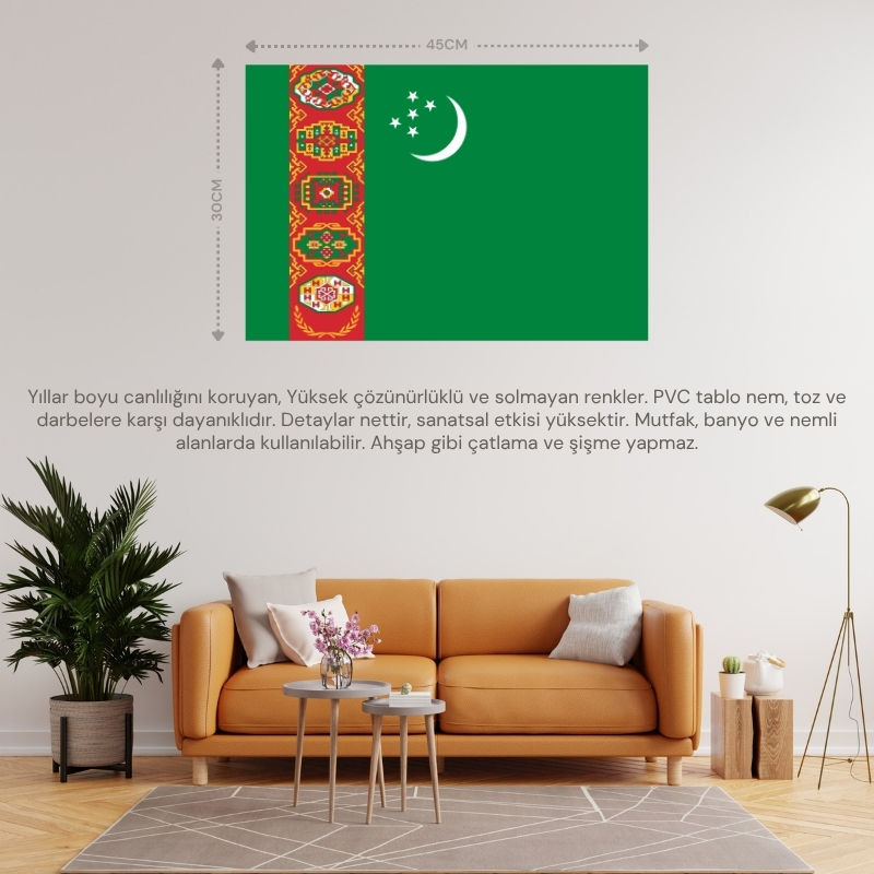 TÜRKMENİSTAN ÜLKE BAYRAĞI 45x30CM DUVAR TABLOSU ÇERÇEVESİZ PVC TABLO