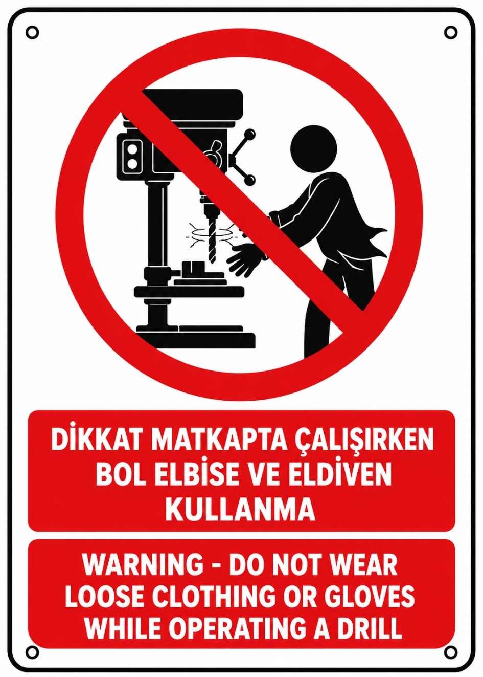 DİKKAT MATKAPTA ÇALIŞIRKEN BOL ELBİSE VE ELDİVEN KULLANMA 21X30CM PVC ISG LEVHA