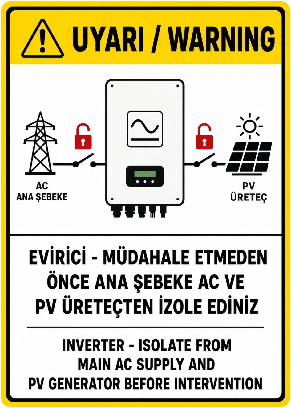 UYARI EVİRİCİ MÜDAHALE ETMEDEN ÖNCE ANA ŞEBEKE AC VE PV ÜRETEÇTEN İZOLE EDİNİZ 21X30CM PVC ISG LEVHA