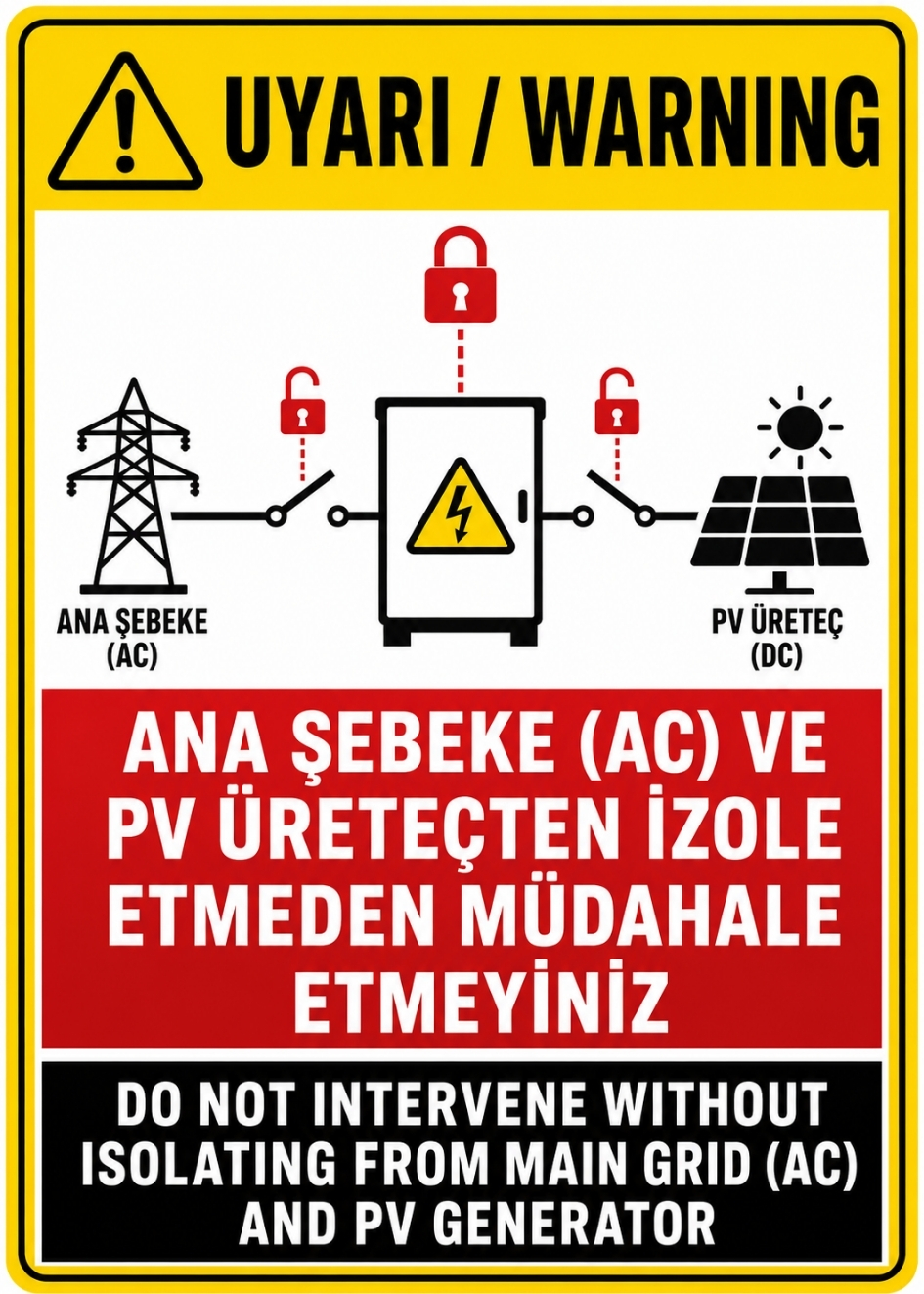 ANA ŞEBEKE AC VE PV ÜRETEÇTEN İZOLE ETMEDEN MÜDAHALE ETMEYİNİZ 21X30CM PVC ISG LEVHA