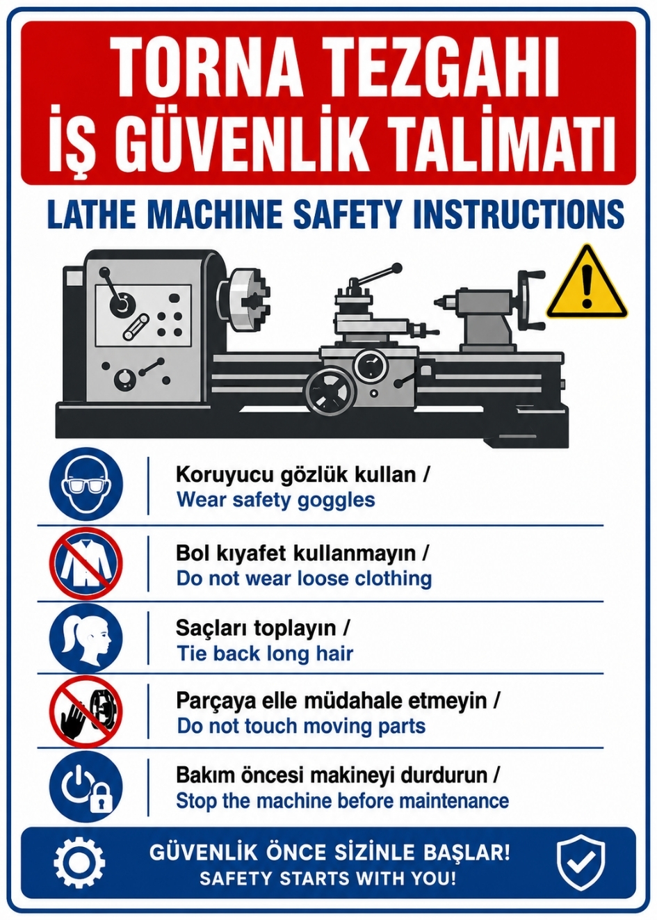 TORNA TEZGAHI İŞ GÜVENLİK TALİMATI 21X30CM PVC ISG LEVHA