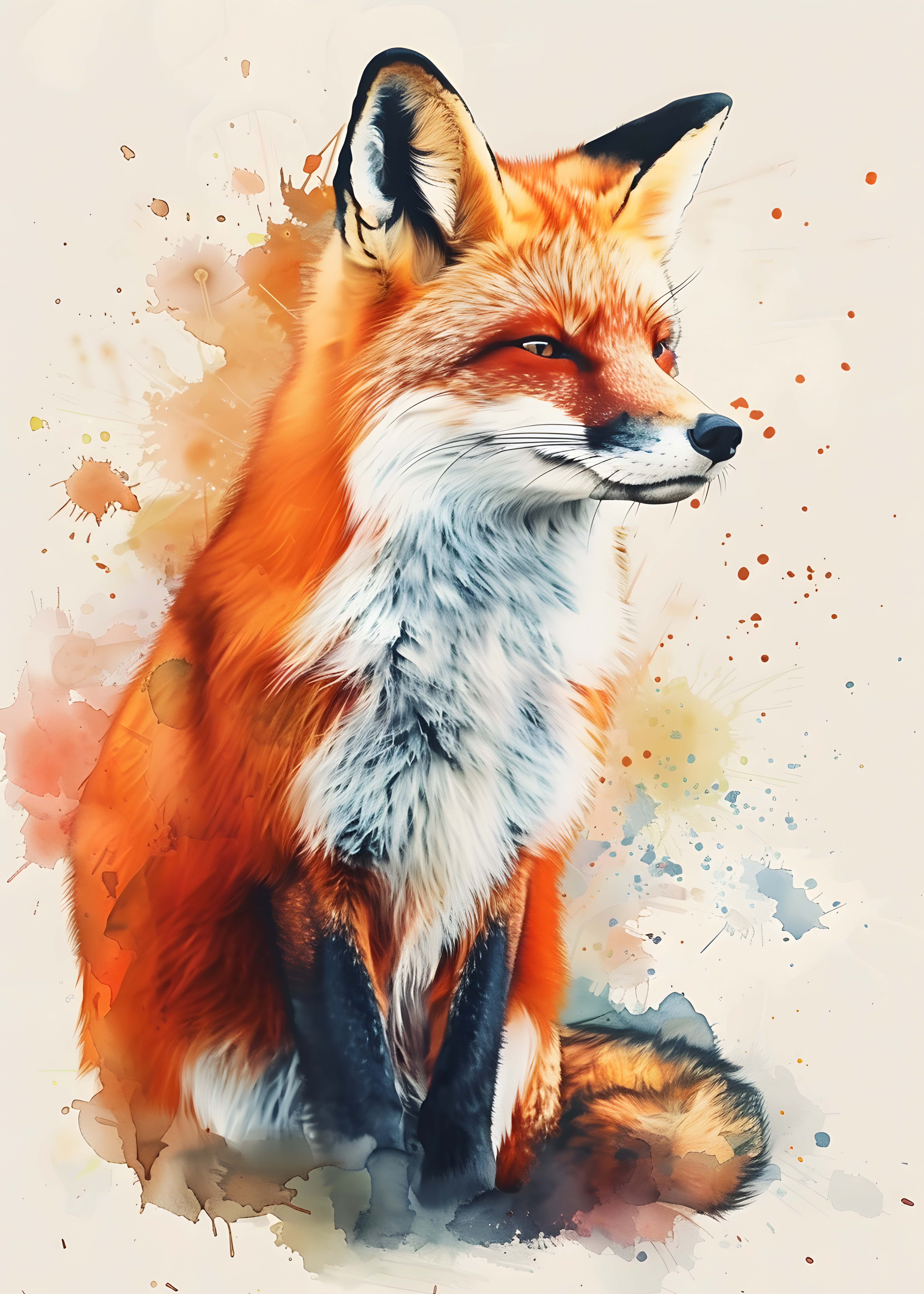 TİLKİ FİGÜRLÜ WATERCOLOR DUVAR TABLOSU 50X70CM - PVC CANLI UV BASKI ÇERÇEVESİZ TABLO