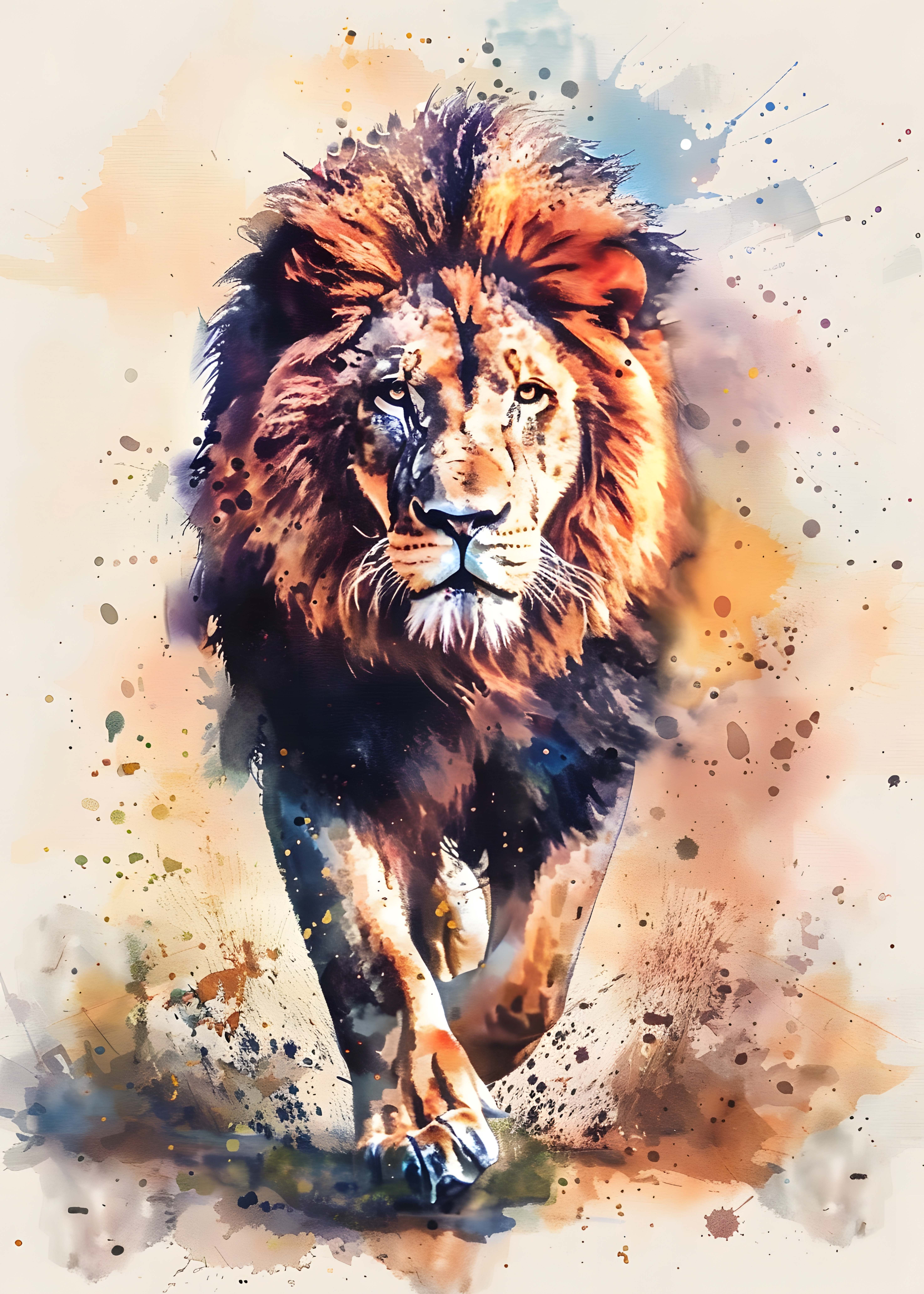 ASLAN FİGÜRLÜ WATERCOLOR DUVAR TABLOSU 50X70CM - PVC CANLI UV BASKI ÇERÇEVESİZ TABLO