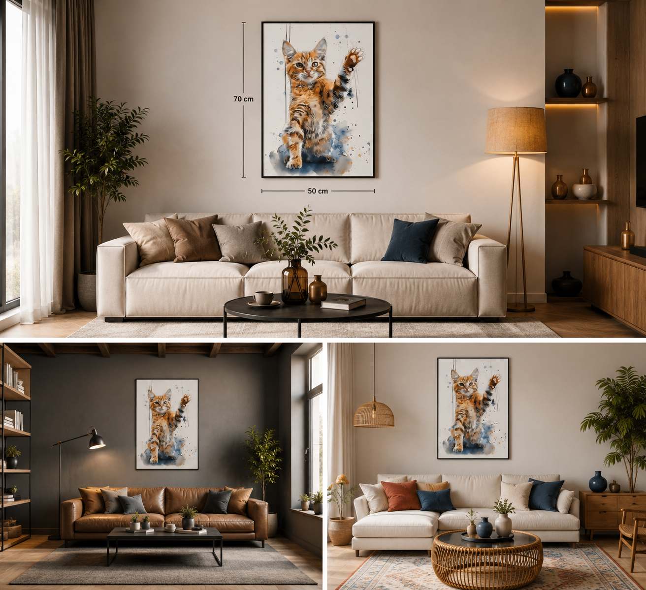 KEDİ FİGÜRLÜ WATERCOLOR DUVAR TABLOSU 50X70CM - PVC CANLI UV BASKI ÇERÇEVESİZ TABLO