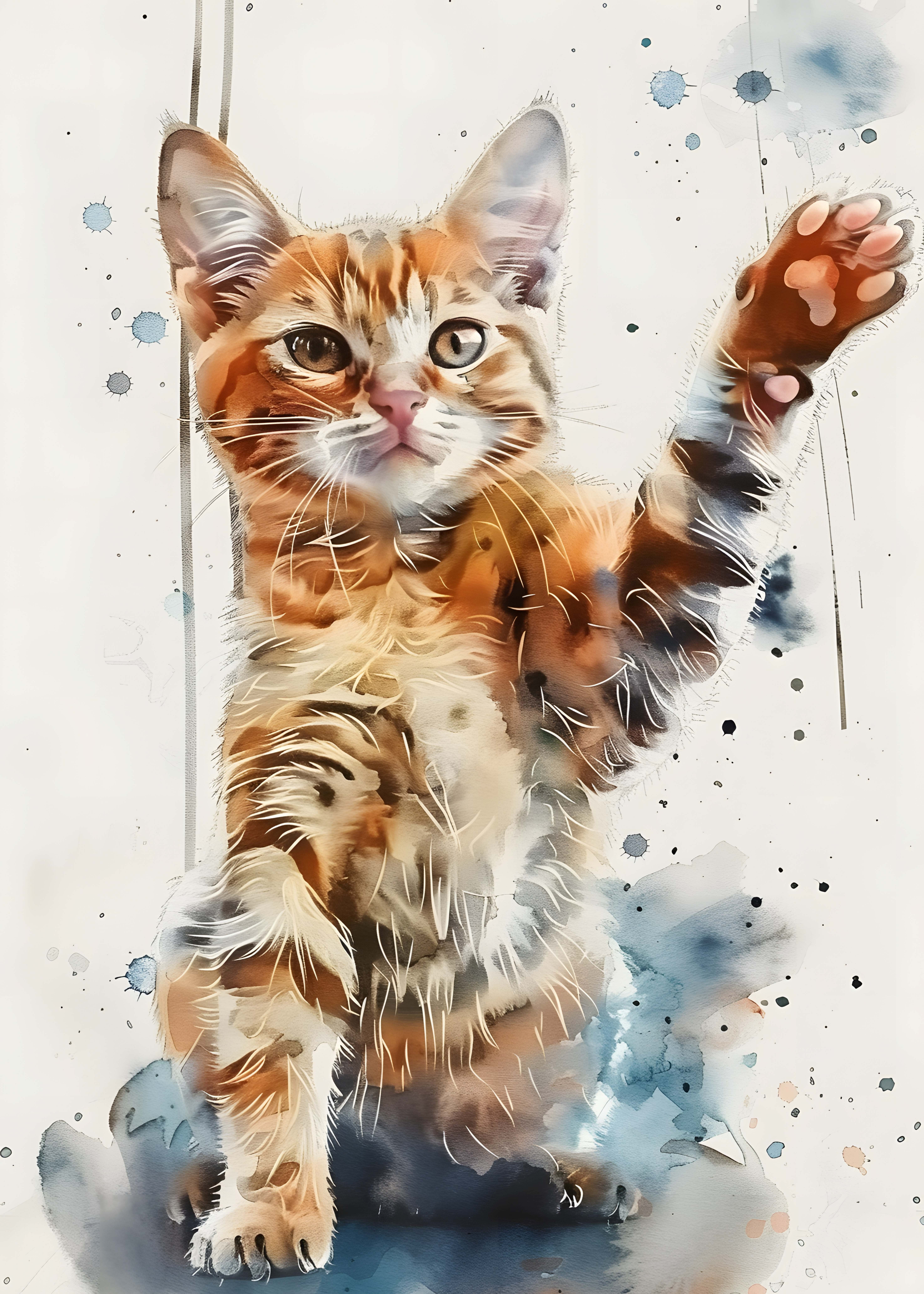 KEDİ FİGÜRLÜ WATERCOLOR DUVAR TABLOSU 50X70CM - PVC CANLI UV BASKI ÇERÇEVESİZ TABLO