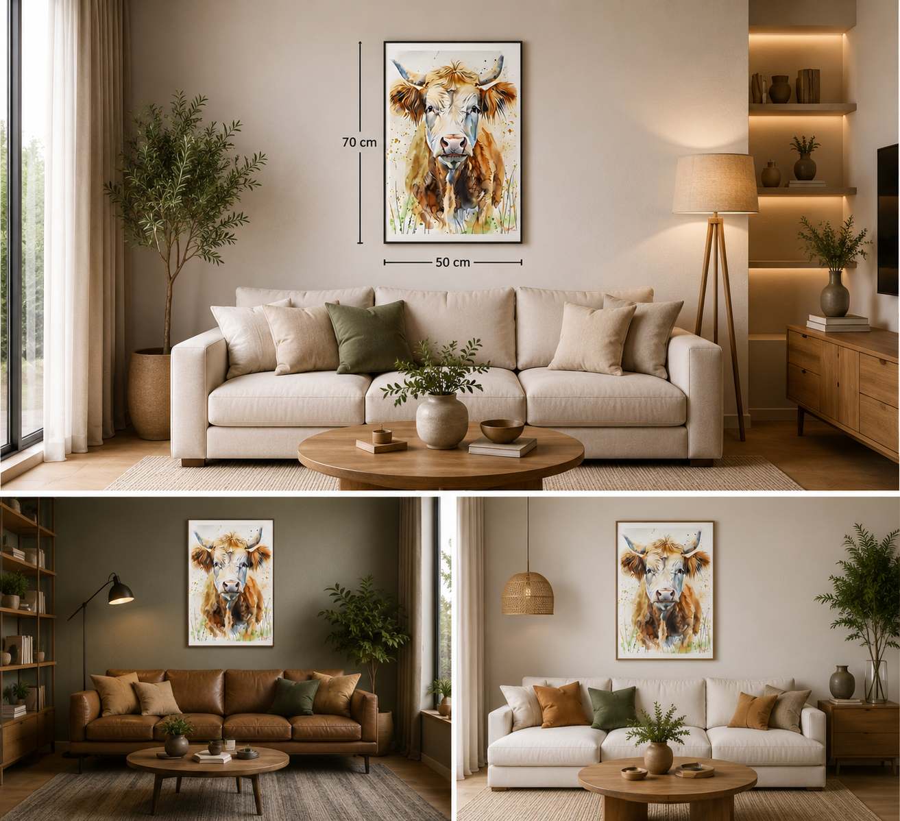 İNEK FİGÜRLÜ WATERCOLOR DUVAR TABLOSU 50X70CM - PVC CANLI UV BASKI ÇERÇEVESİZ TABLO