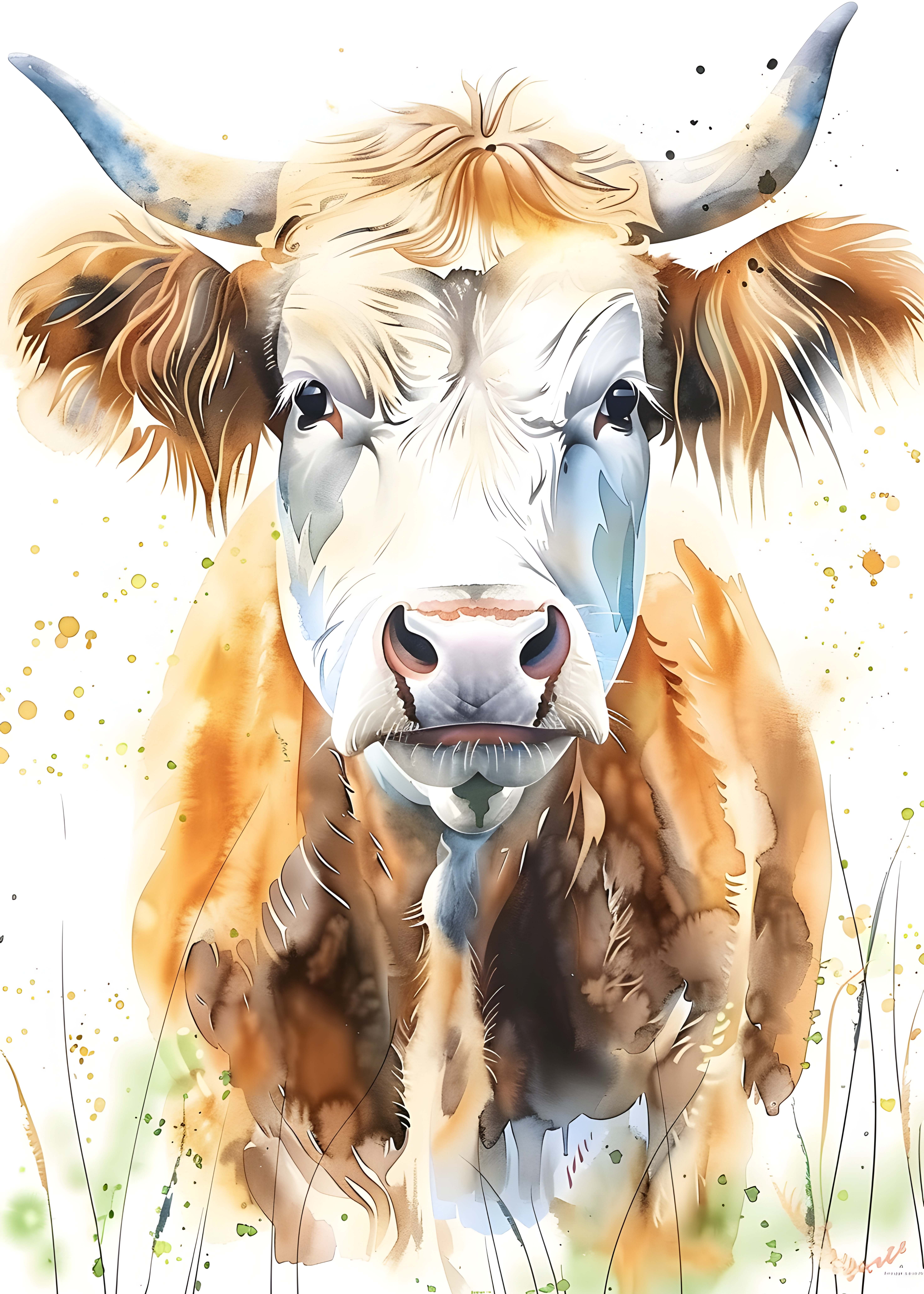 İNEK FİGÜRLÜ WATERCOLOR DUVAR TABLOSU 50X70CM - PVC CANLI UV BASKI ÇERÇEVESİZ TABLO