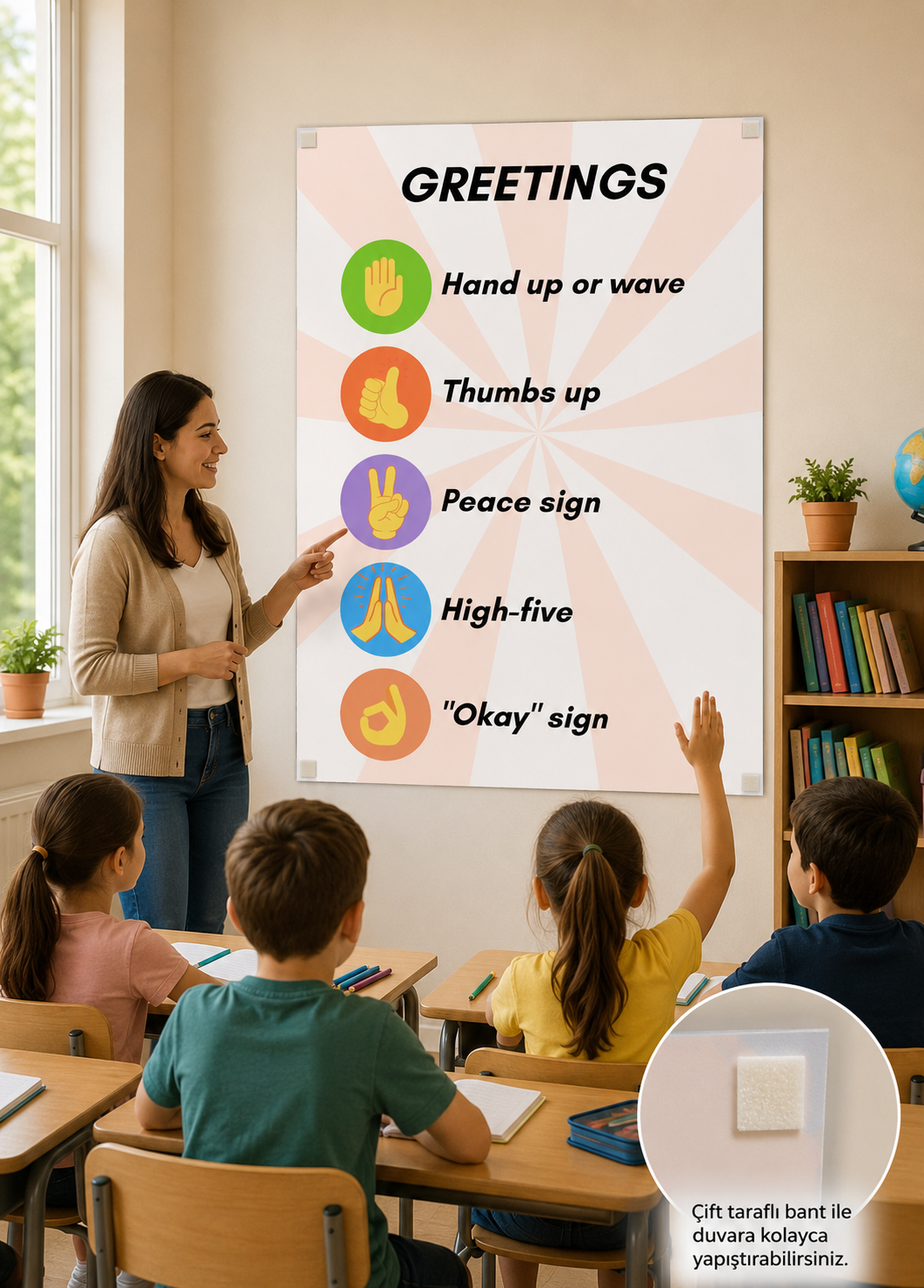 İngilizce El Hareketleri Temalı 50X70CM tek parça bristrol karton sınıf panosu