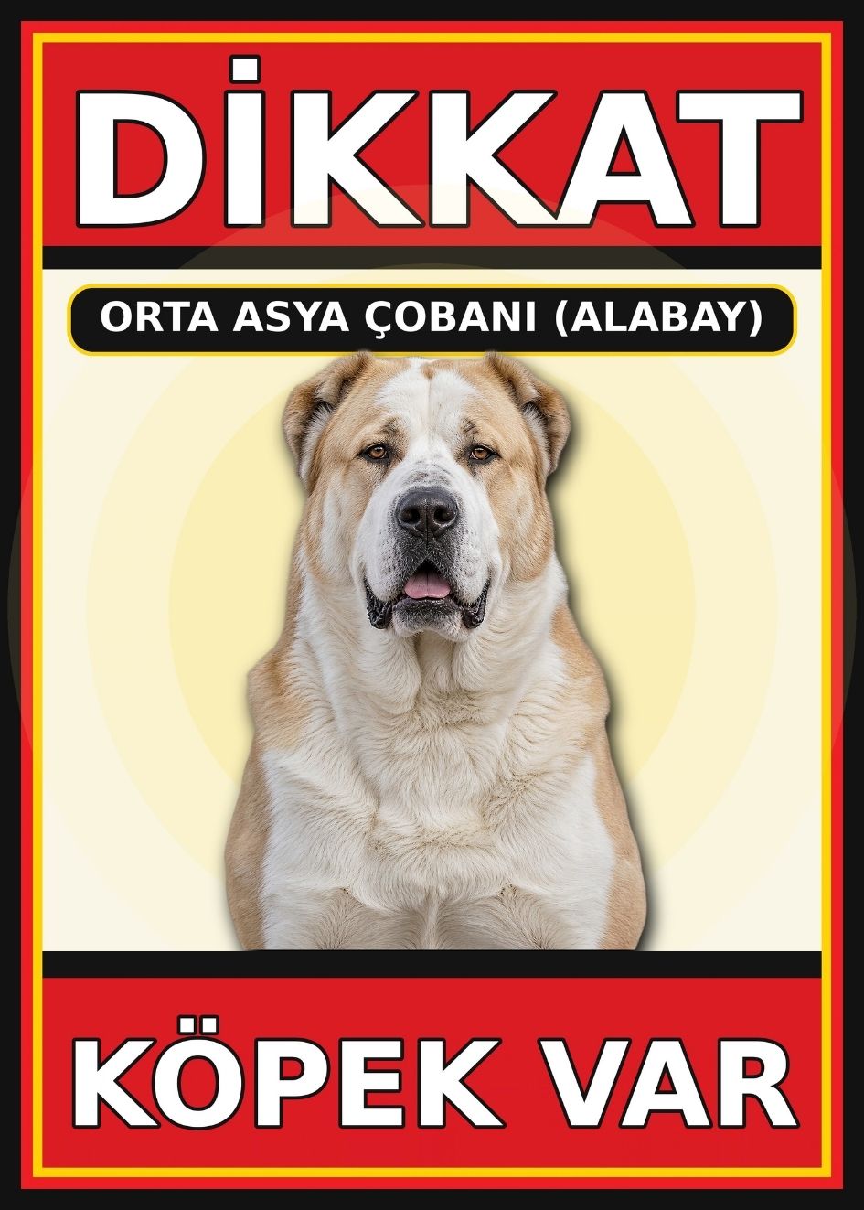 Orta Asya Çobanı Alabay Dikkat Köpek Var Levhası 21x30 cm UV Baskılı PVC Uyarı Tabelası