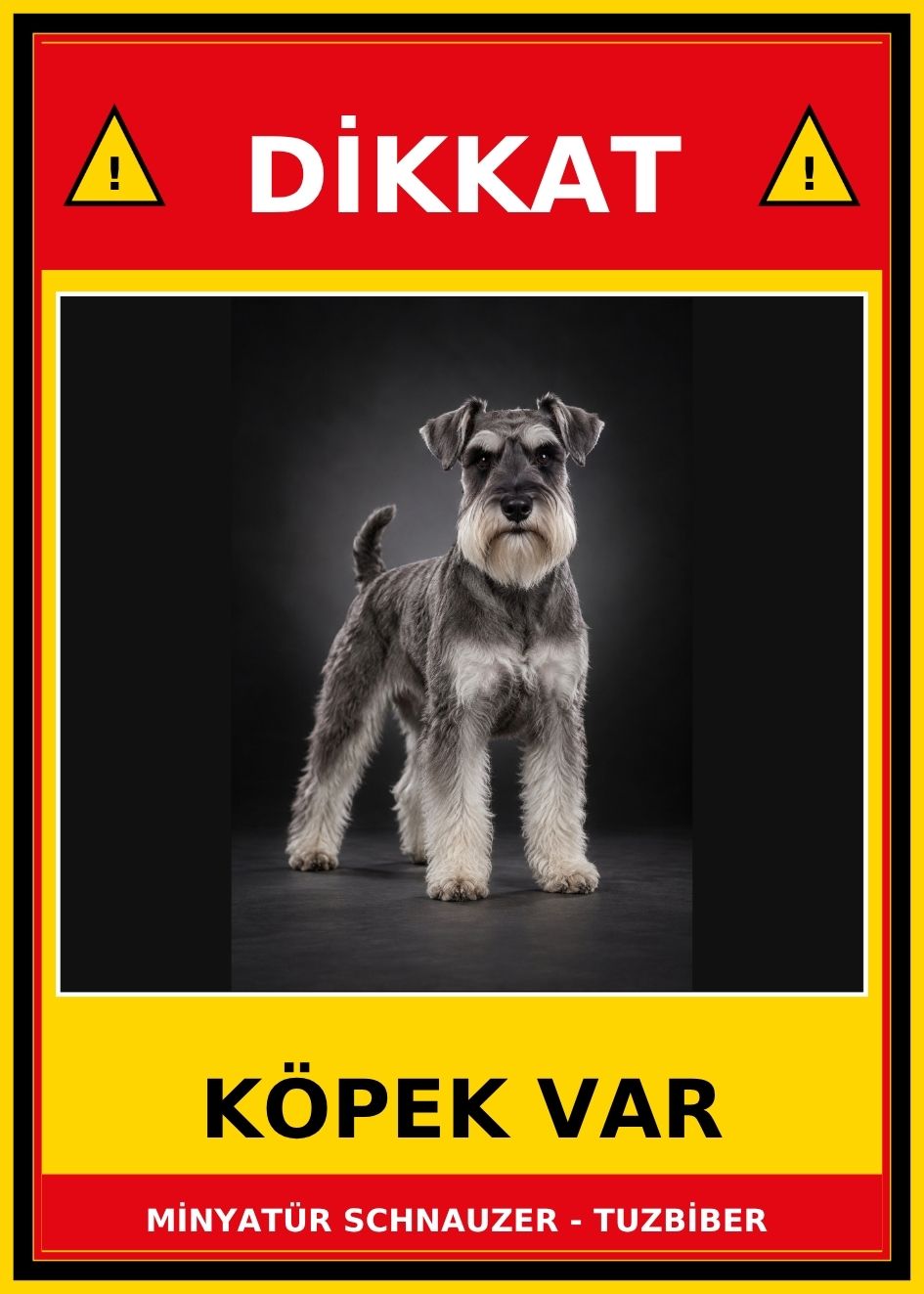 MİNYATÜR SCHNAUZER - TUZBİBER Dikkat Köpek Var Levhası 21x30 cm UV Baskılı PVC Uyarı Tabelası