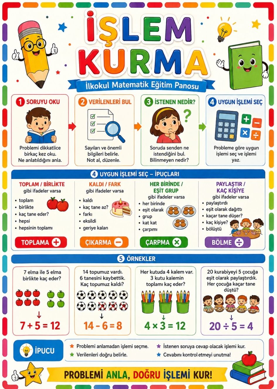 İşlem Kurma İlkokul Matematik Eğitim Afişi 50x70 cm
