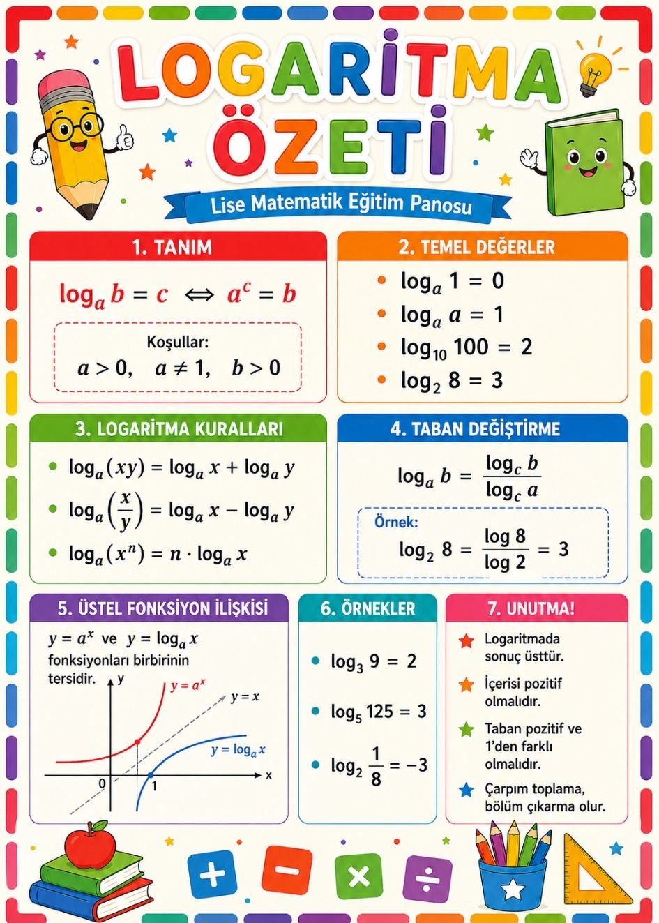 Logaritma Özeti Lise Matematik Eğitim Afişi 50x70 cm