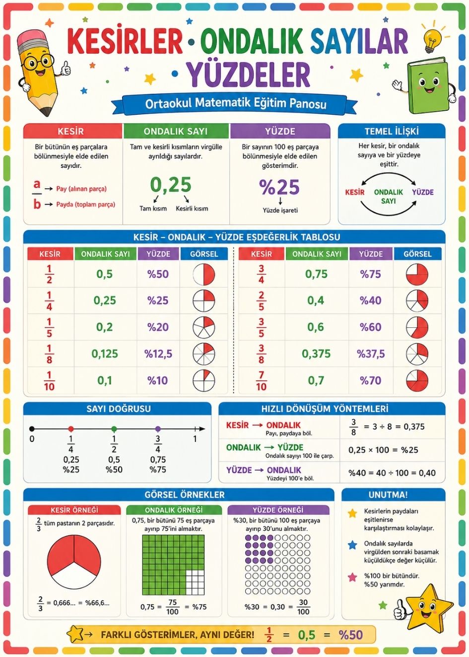 Kesir, Ondalık Sayı ve Yüzde Dönüşümleri Ortaokul Matematik Eğitim Afişi 50x70 cm