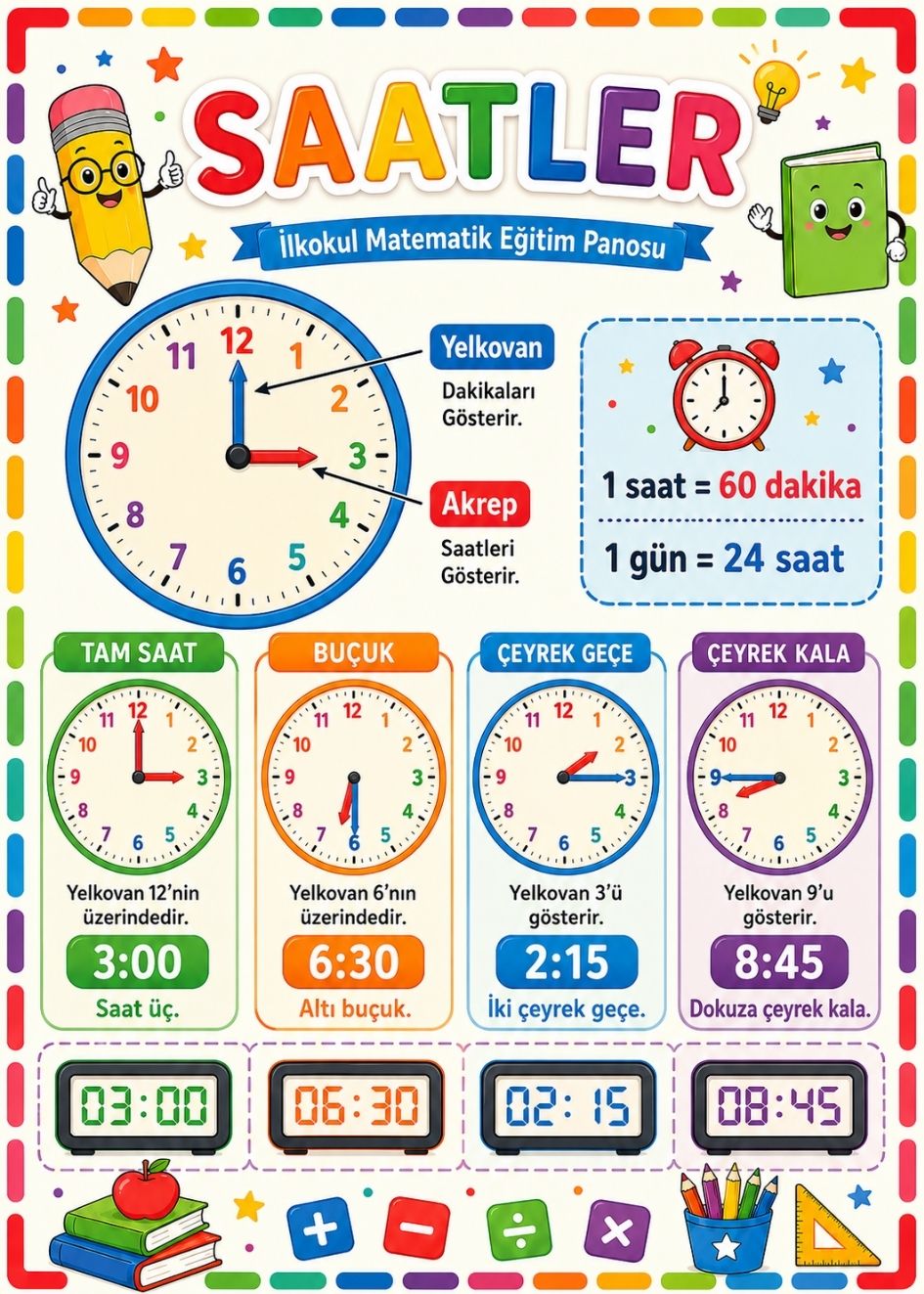 Saatler İlkokul Matematik Eğitim Afişi 50x70 cm