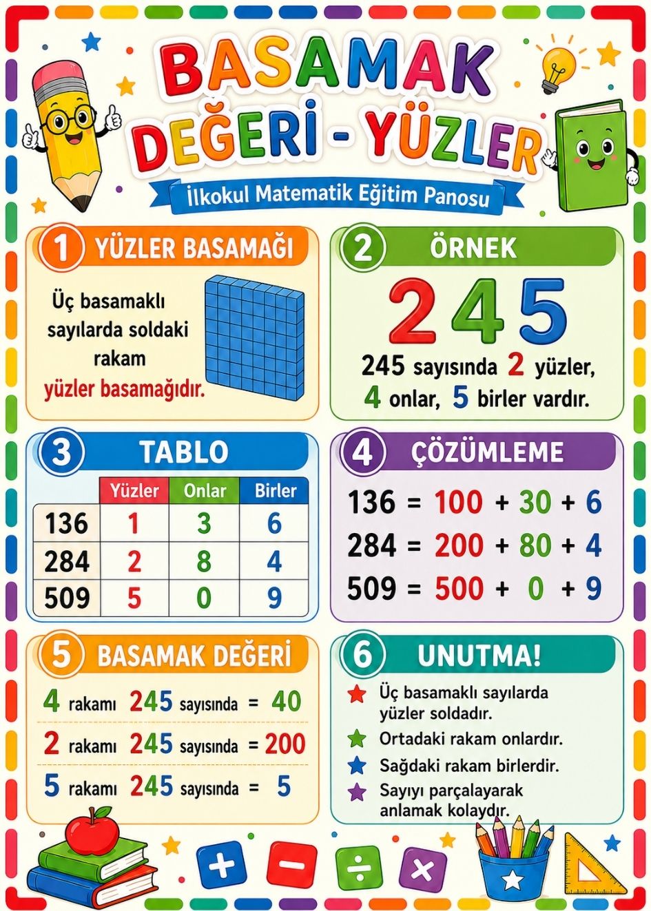 Basamak Değeri Yüzler İlkokul Matematik Eğitim Afişi 50x70 cm