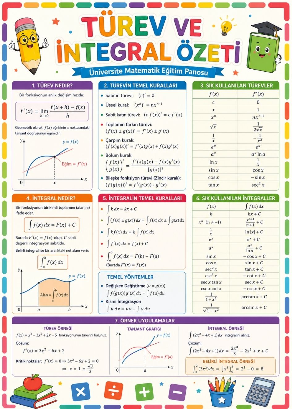 Türev ve İntegral Özeti Üniversite Matematik Eğitim Afişi 50x70 cm