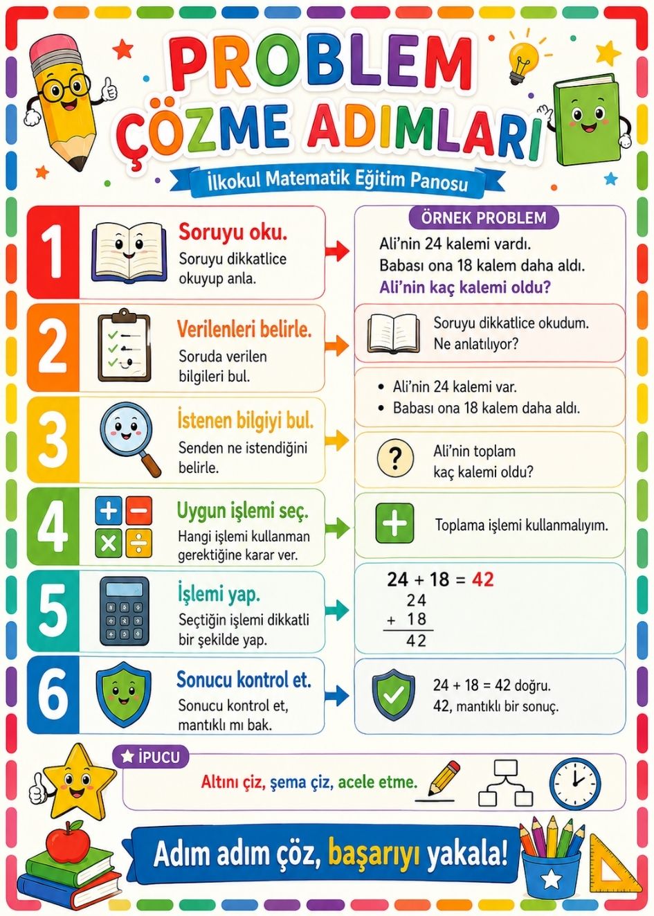 Problem Çözme Adımları İlkokul Matematik Eğitim Afişi 50x70 cm