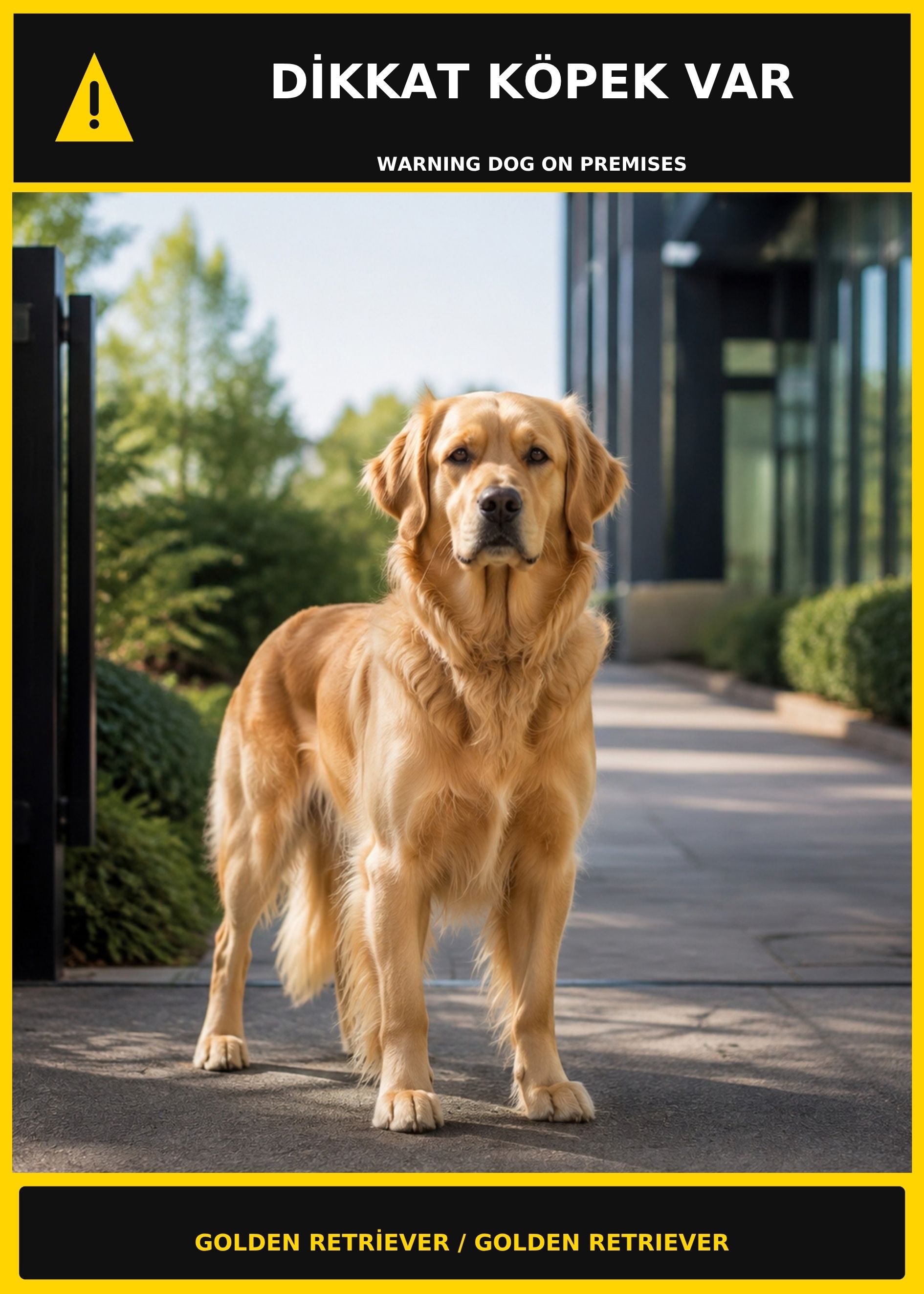 Dikkat Köpek Var Golden Retriever Görselli PVC Uyarı Levhası 21x30CM