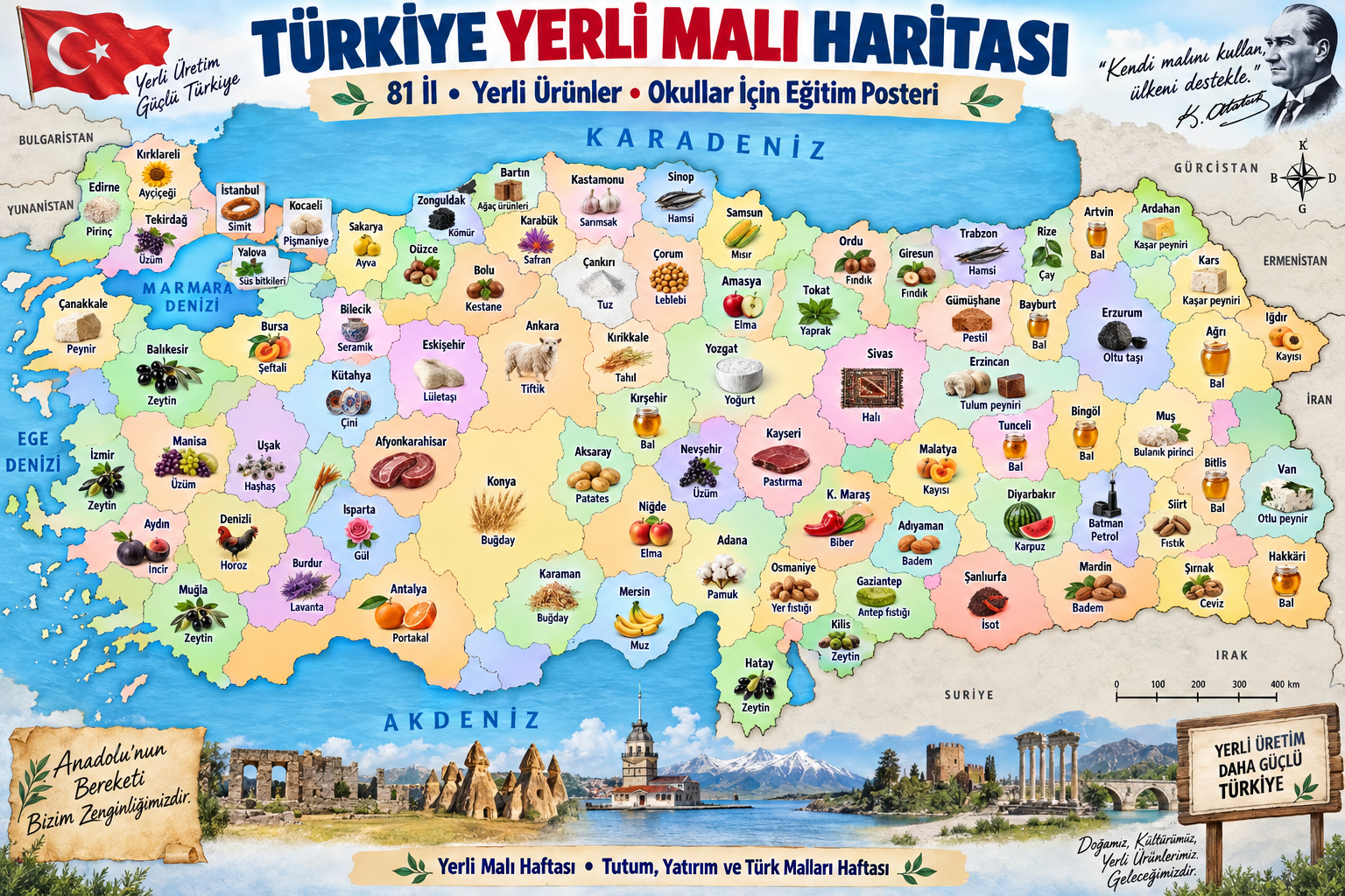 Türkiye Yerli Malı Haritası 81 İl Yöresel Ürünler Eğitim Posteri 90x60 cm Karton