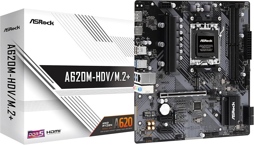 ASRock A620M-HDV/M.2+ Micro ATX Anakart AMD AM5 Ryzen 8000 ve 7000, DDR5, 2x M.2 SSD, AMD Expo, USB Type-C