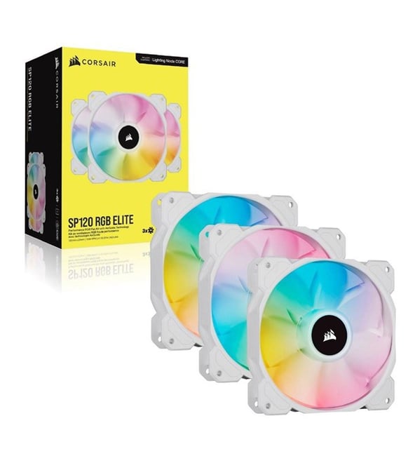 CORSAIR FAN - CO-9050137-WW iCUE SP120 RGB ELITE Performance 120mm White PWM Fan — Triple Pack with Lighting Node CORE