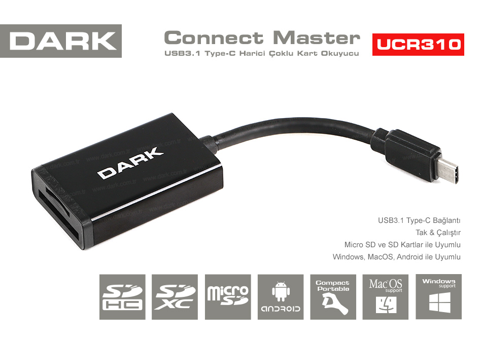 DARK DK-AC-UCR310 USB3.1 TYPE-C HARICI COKLU KART OKUYUCU