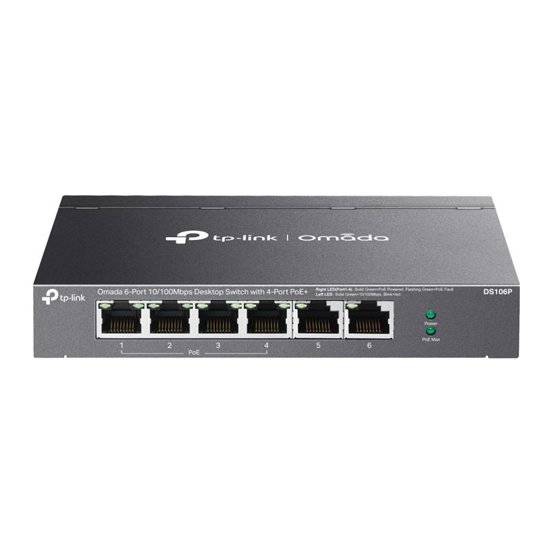 TP-LINK OMADA DS106P 4 PORT 10/100+2 PORT 10/100 UPLINK 67W 250 METRE POE MESAFE METAL KASA SWITCH