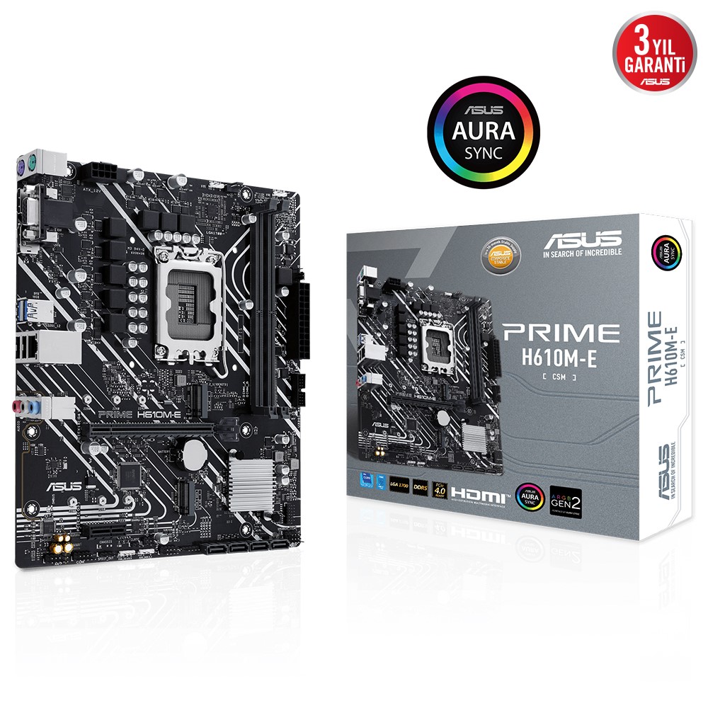 ASUS PRIME H610M-E-CSM INTEL H610 LGA1700 DDR5 5600 DP HDMI VGA CIFT M2 USB3.2 AURA MATX RGB MATX UCRETSIZ UZAKTAN YONETIM YAZILIMI ASUS 5X PROTECTION III