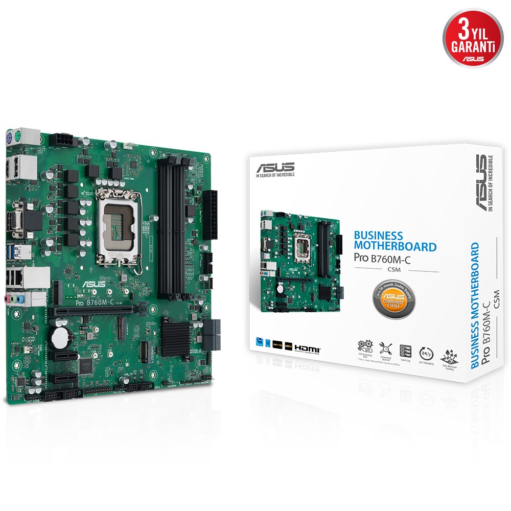 ASUS PRO B760M-C-CSM INTEL B760 LGA1700 DDR5 6200 2XDP HDMI VGA 2X M2 USB3.2 MATX UCRETSIZ UZAKTAN YONETIM YAZILIMI ASUS 5X PROTECTION III