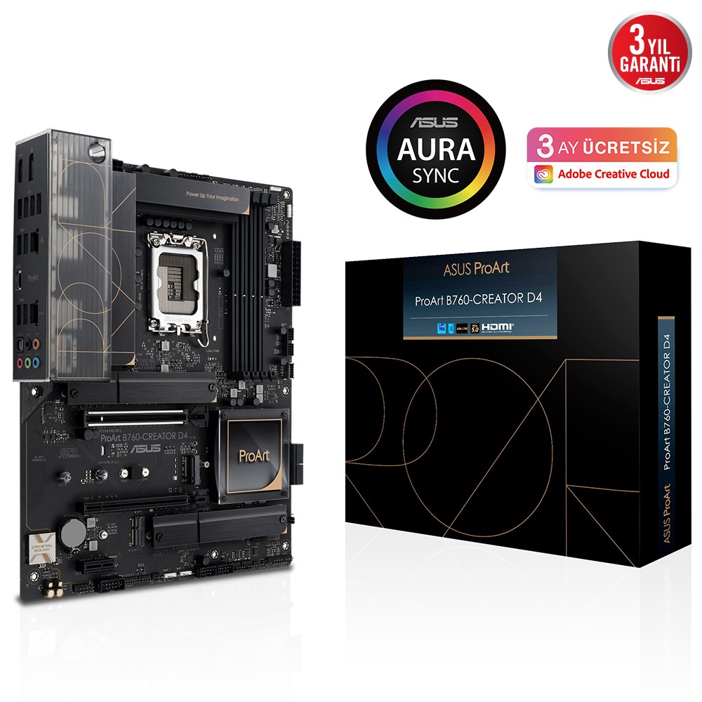 ASUS PROART B760-CREATOR D4 INTEL B760 LGA1700 DDR4 5333 HDMI DP TYPE-C 3X M2 USB3.2 AURA RGB 2.5GBIT GBIT LAN ATX PCIE 5.0 X16 SLOT 12+1 GUC ASAMASI ASUS CONTROL CENTER EXPRESS HEDIYELI