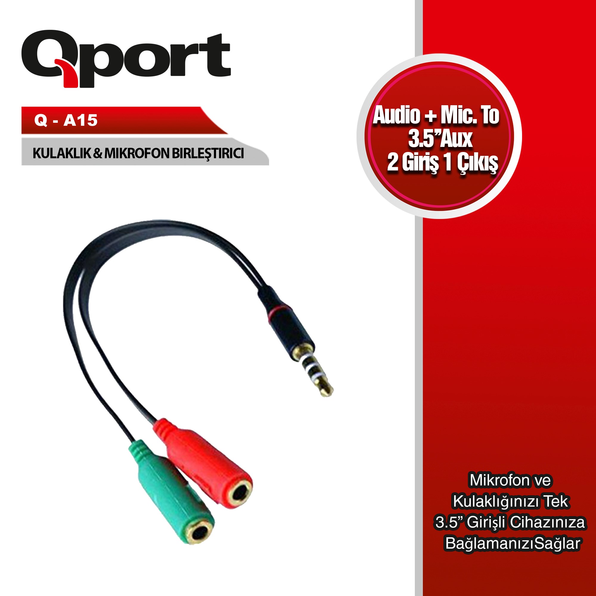 QPORT (Q-A15) AUDIO + MIC TO 3.5MM 15CM KULAKLIK CEVIRICI