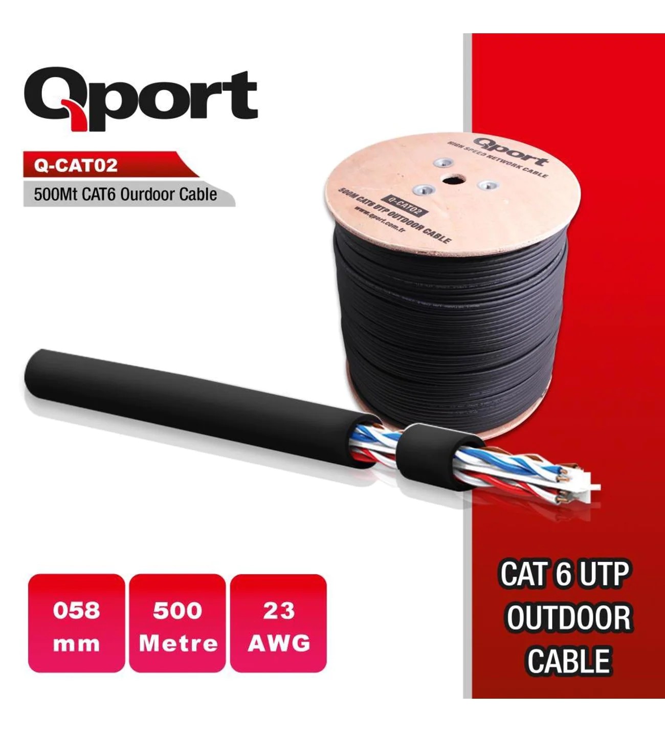 QPORT 500M CAT6 MAKARALI OUTDOOR KABLO SIYAH (Q-CATO2)