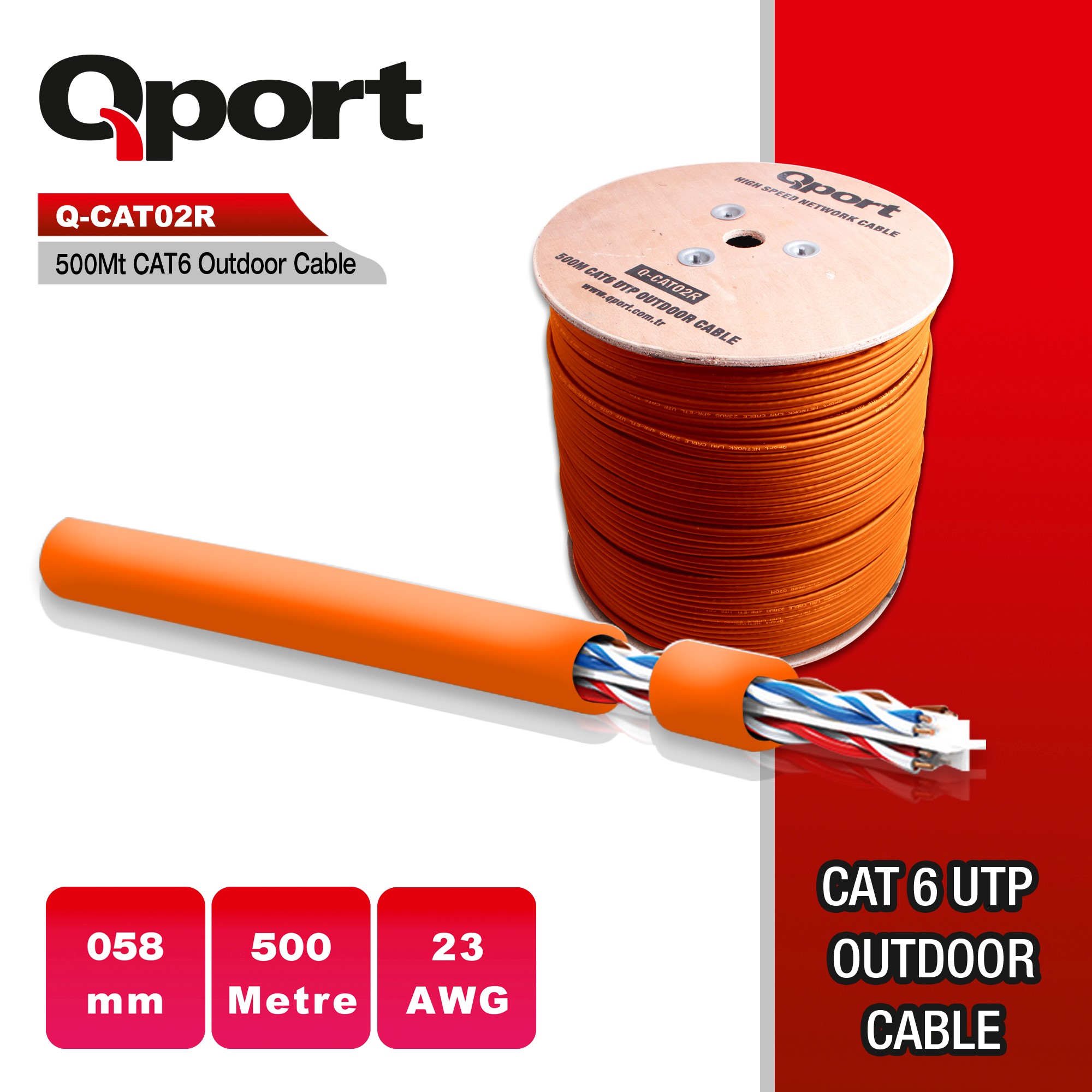 QPORT 500M CAT6 OUTDOOR TURUNCU UTP 23AWG KABLO (Q-CATO2R)